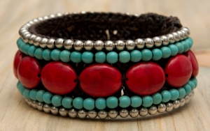 Pannee® Red & Turquoise Stones with Silver Beads Brown Rope Cuff