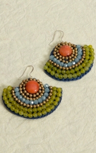 Pannee® Green, Blue, Orange and Gold Beads with Blue Rope Fan Dangle Earrings