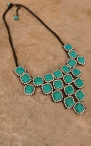 Pannee® Turquoise Square Stones w/ Silver Beads Brown Rope Necklace