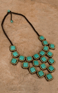 Pannee® Turquoise Square Stones w/ Gold Beads Brown Rope Necklace