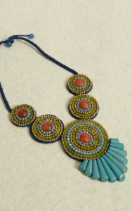 Pannee® Blue, Green, Orange and Gold Beads with Turquoise Stones & Blue Rope Tribal Necklace