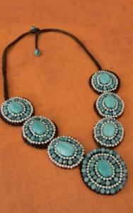 Pannee® Turquoise & Silver Beads with Brown Leather Rope Bib Necklace