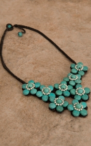 Pannee® Silver & Turquoise Stones Flower Brown Rope Necklace