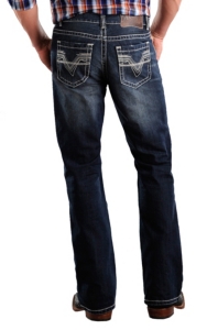 Rock & Roll Cowboy® Dark Stonewash Double Barrel Running Stitch V Relaxed Fit Boot Cut Jeans
