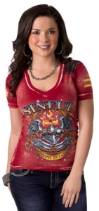Sinful™ by Affliction® Women's Red Draw w/ Black Lace Short Sleeve V-Neck Tee