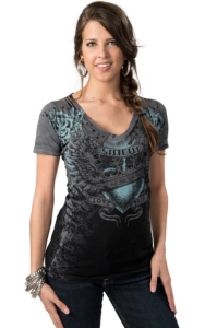 Sinful™ by Affliction® Women's Avarice Grey with Turquoise Crowned Winged Heart and Roses Short Sleeve Tee