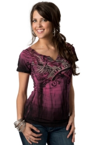 Sinful™ by Affliction® Women's Pink and Black Embellished Winged Heart Short Sleeve V-Neck Tee