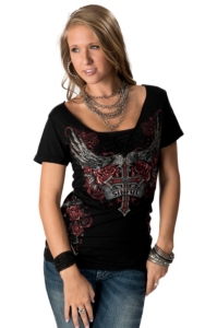 Sinful™ by Affliction® Women's Black Revolver Embellished Winged Cross Short Sleeve V-Neck Tee
