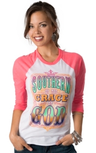 ATX Mafia® Women's White Southern By the Grace of God with 3/4 Neon Pink Sleeves Baseball Tee