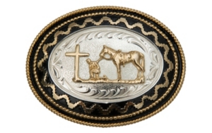 3-D Belt Company® Silver Praying Cowboy with Black & Gold Accents Oval Buckle