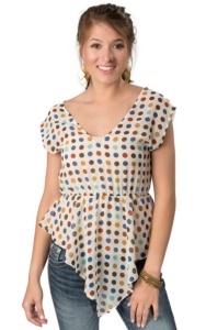 Hot & Delicious® Women's Cream with Multi Dot Print Cap Sleeve Sheer Fashion Top