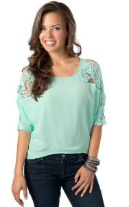 Hot & Delicious® Women's Mint Chiffon with Open Crochet Dolman Sleeves Fashion Top