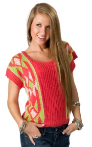 Flying Tomato® Women's Bright Coral and Neon Green Aztec Knit Short Sleeve Fashion Top
