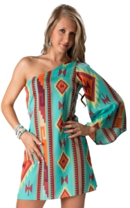 Karlie® Women's Turquoise, Wine, Yellow and Orange Aztec One Shoulder Dress