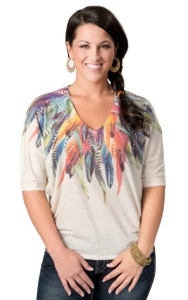 Karlie® Women's Ivory with Multi-Colored Feathers V-Neck Short Sleeve Fashion Top