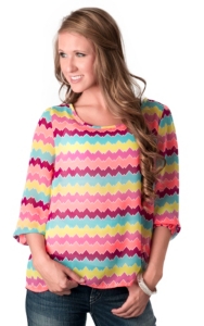 Karlie® Women's Fuchsia Neon Chevron 3/4 Sleeve Scoop Neck Fashion Top