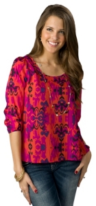 Karlie® Women's Fuschia Pink Vintage Fleur de Lis Button Back 3/4 Sleeve Fashion Top