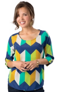 Karlie® Women's Navy, Turquoise, Green, Yellow and White Large Chevron 3/4 Cuffed Sleeves Fashion Top