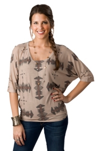 Karlie® Women's Tan with Black Aztec 3/4 Dolman Sleeve Fashion Tee