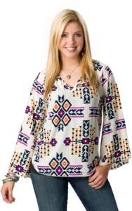 Karlie® Women's Ivory with Navy, Pink and Orange Aztec V-Neck Long Flutter Sleeve Fashion Top