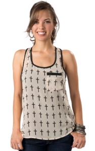 Karlie® Women's Cream with Black Cross Print Pocket Chiffon Sleeveless Fashion Tank Top