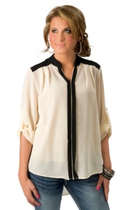 Karlie® Women's Black and Ivory Colorblock 3/4 Sleeve Blouse Fashion Top