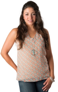 Karlie® Women's Tan and Neon Orange Box Print Sleeveless Fashion Tank Top