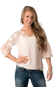 Karlie® Women's Nude with Ivory Lace Shoulder 3/4 Sleeve Fashion Top
