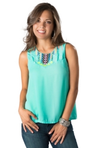 Karlie® Women's Mint with Neon Embroidery and Pleated Back Hi-Lo Fashion Tank Top