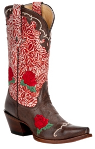 Tony Lama® Vaquero™ Ladies Moka Brown w/Berry Floral Tooled Top Snip Toe Western Boot