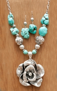 Wear N.E. Wear® Large Silver Rose w/ Silver Beads & Turquoise Jewelry Set