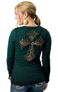 Velvet Stone® Juniors Distressed Forest Green with Leopard Studded Cross on Back Long Sleeve Tee
