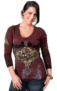 Velvet Stone® Juniors Maroon with Velvet Winged Cross and Rose Logo V-Neck Long Sleeve Tee