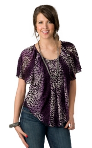 Ethyl® Women's Purple and White with Black Leopard Print Short Sleeve Fashion Top