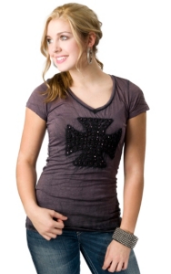 Velvet Stone® Juniors Distressed Plum Scroll Cross with Rhinestones V-Neck Short Sleeve Tee