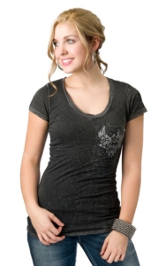 Velvet Stone® Juniors Gray Winged Crown Roses and Script with Rhinestones V-Neck Short Sleeve Tee