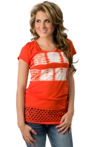 Velvet Stone® Juniors Tie Dye Orange Cross with Rhinestones V-Neck Short Sleeve Tee