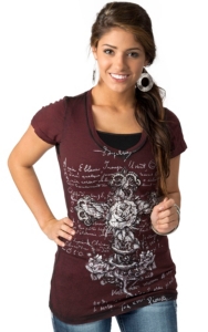 Velvet Stone® Womens Maroon with White Rose Cross Short Sleeve Tee