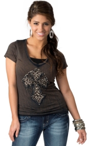 Velvet Stone® Womens Mudslide Distressed Brown Cheetah Cross with Studs Short Sleeve Tee