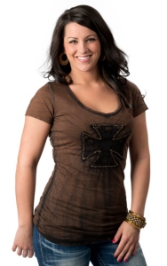 Velvet Stone® Juniors Distressed Bronze with Maltese Cross and Rhinestones Short Sleeve Tee