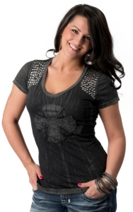 Velvet Stone® Juniors Distressed Black with Maltese Cross and Silver Nail Heads on Shoulder Short Sleeve Tee