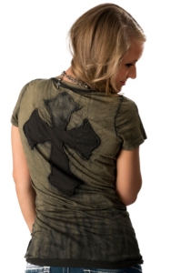 Velvet Stone® Juniors Distressed Sage with New Cross V-Neck Short Sleeve Tee