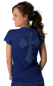 Velvet Stone® Juniors Blue with Abalone New Cross and Rhinestones on Back Short Sleeve Tee