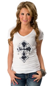 Velvet Stone® Juniors White w/ Snow Leopard Cross V-Neck Short Sleeve Tee