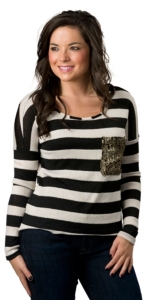 Vintage Havana® Women's Black and White Striped with Gold Sequin Pocket Long Sleeve Fashion Top