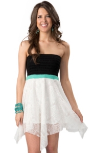 Ocean Drive® Women's Black Smocked Top with White Lace Bottom and Turquoise Waist Strapless Dress
