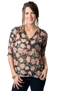 Vintage Havana® Women's Navy with Pink and Green Floral Print Zipper Front 3/4 Sleeve Fashion Top
