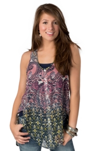 Vintage Havana® Women's Navy, Pink & Green Paisley Print Chiffon Tank