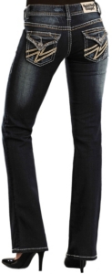 Rock & Roll Cowgirl® Women's Dark Wash Leather Lightning Bolt Flap Pocket Low Rise Boot Cut Jean