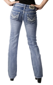 Rock & Roll Cowgirl® Women's Light Stonewash with Thick Stitching and Silver Studs Boot Cut Jeans